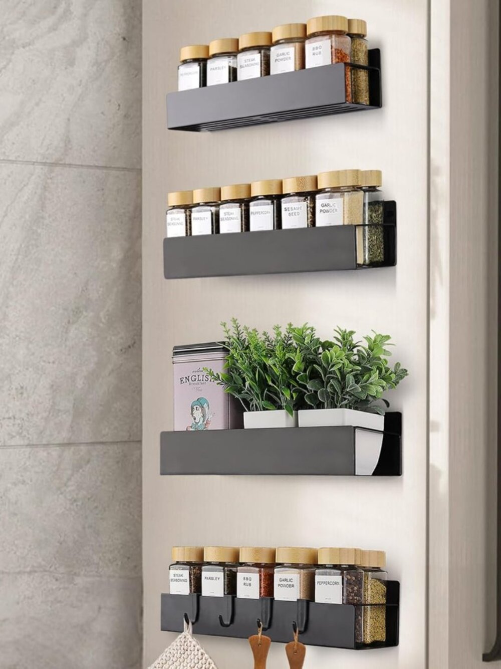 2 PackMagnetic Spice Rack for Refrigerator 2 Pack with 4 Moveable Hooks